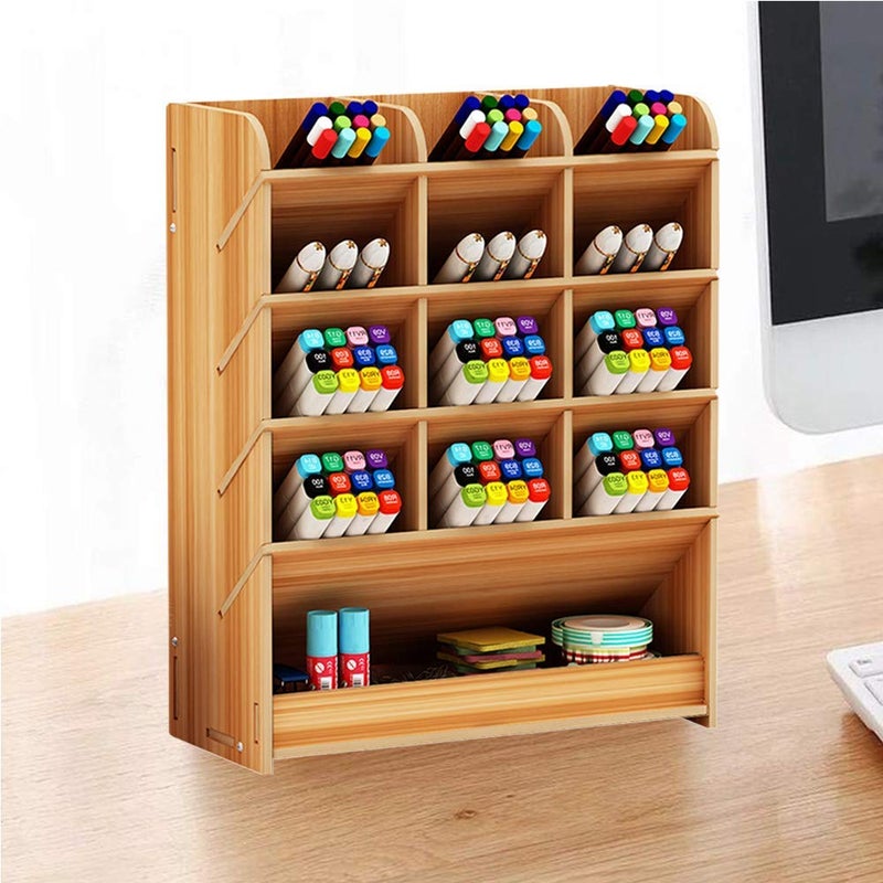 Hggzeg Wooden Desk Organizer, Multi-Functional DIY Pen Holder Storage Box Desktop Stationary Storage Rack for Home, Office and School (B12 Cherry Color) - Image 3